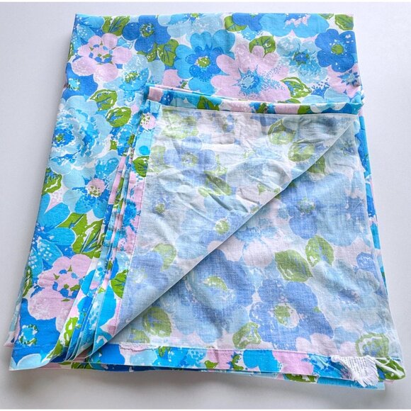 Vintage 70s flat/top sheet, blue pink floral bedsheet, twin size, Wabasso - Picture 5 of 5
